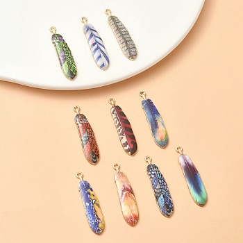 10Pcs 10 Style Rack Plating Alloy Pendants, Printed, Lead Free & Cadmium Free & Nickel Free, Feather Charm, Light Gold, Mixed Color, 36.5x8x1.5mm, Hole: 1.8mm, 1pc/style