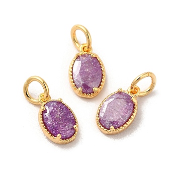 Real 18K Gold Plated Brass Micro Pave Cubic Zirconia Pendants, with Jump Rings, Oval, Medium Purple, 10x6.5x2.5mm, Hole: 3mm