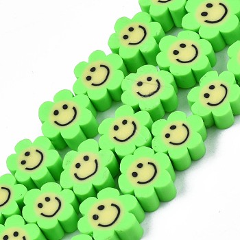 Handmade Polymer Clay Bead Strands, Flower with Smile, Lawn Green, 8~10x8~10x4~5mm, Hole: 1.2~1.6mm, about 38~40pcs/strand, 12.99 inch~15.94 inch(33~40.5cm)