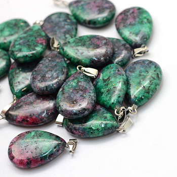 Teardrop Dyed Natural Ruby in Zoisite Pendants, with Platinum Tone Brass Findings, 25~29x16~17x5~6mm, Hole: 2x7mm