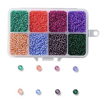 200G 8 Colors 12/0 Grade A Round Glass Seed Beads, Transparent Inside Colours, Mixed Color, 2x1.5mm, Hole: 0.7mm, 25g/color, about 21500pcs/box