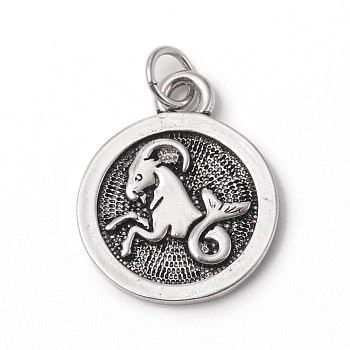 Brass Pendants, with Jump Rings, Long-Lasting Plated, Flat Round with 12 Constellation/Zodiac Sign, Antique Silver, Capricorn, 18.5x15x2mm, Jump Ring: 5x0.7mm, Inner Diameter: 3.6mm