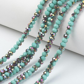 Electroplate Opaque Glass Beads Strands, Half Rose Gold Plated, Faceted, Rondelle, Medium Turquoise, 8x6mm, Hole: 1mm, about 65~68pcs/strand, 15.7~16.1 inch(40~41cm)