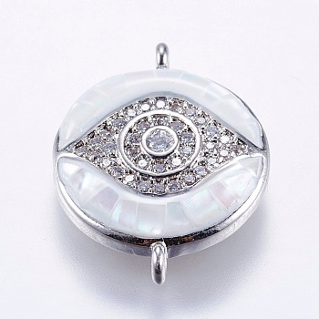 Brass Micro Pave Cubic Zirconia Links, with White Shell, Eye, Platinum, 20.5x16x4mm, Hole: 1mm