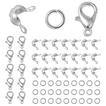 30Pcs Zinc Alloy Lobster Claw Clasps, Parrot Trigger Clasps, Jewelry Making Findings, with 50Pcs Iron Bead Tips and 50Pcs Iron Open Jump Rings, Silver, 12x6mm, Hole: 1.2mm