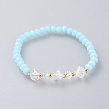 Stretch Bracelets, with Glass Beads and Brass Spacer, Light Sky Blue, 2-1/8 inch(5.3cm)