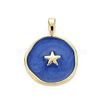 Brass Enamel Pendants, Cadmium Free & Nickel Free & Lead Free, Golden, Flat Round with Star, Dark Blue, 20.5x15.5x4.5mm, Hole: 2.5x3mm(KK-Q283-057E-NR)