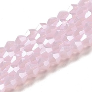 Imitation Jade Electroplate Glass Beads Strands, Pearl Luster Plated, Faceted, Bicone, Pink, 4x4mm, Hole: 0.8mm, about 87~98pcs/strand, 12.76~14.61 inch(32.4~37.1cm)(GLAA-F029-J4mm-C02)