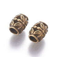 Tibetan Style Alloy Beads, Cadmium Free & Lead Free, Barrel with Flower, Antique Bronze, 8.5x10.5mm, Hole: 4.5mm(MLF0855Y-NF)