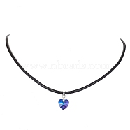 Glass Heart Pendant Necklaces, with Imitation Leather Cord, Metallic Blue, 17.64 inch(44.8cm)(NJEW-JN04476-02)