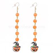 Alloy Enamel Pumpkin Jack-O'-Lantern Dangle Earrings, for Halloween, with Imitation Gemstone Acrylic Round Beads, Brass Earring Hooks and Ear Nuts, Golden, Orange, 110mm, Pin: 0.6mm(EJEW-JE04422)