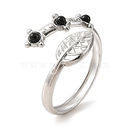 Natural Black Agate Finger Rings, Leaf 304 Stainless Steel Open Cuff Rings for Women, Stainless Steel Color, 13.5mm, Inner Diameter: 17mm(RJEW-F166-50P)