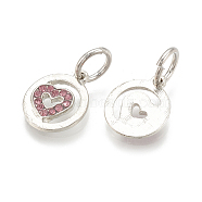 Alloy Charms, with Rhinestone, Flat Round with Heart, Platinum, Light Rose, 15x12.5x2mm(MPDL-S066-062A)