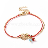 Gold Plated 304 Stainless Steel Heart Link Bracelet with Glass Beads Charms for Women, Red, 6-5/8 inch(16.7cm)(STAS-E154-05G-02)