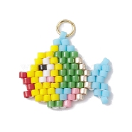 Handmade MIYUKI Delica Seed Loom Pattern, Fish Pendant with 304 Stainless Steel Jump Rings, Colorful, 17x19x1.8mm, Hole: 2.5mm(PALLOY-MZ00171)
