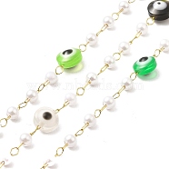 Handmade Evil Eye and Glass Pearl Beaded Chains, Ion Plating(IP) 316 Surgical Stainless Steel Chains, Soldered, with Spool, Real 18K Gold Plated, Round: 3mm, Evil Eye: 6x4mm(CHS-I019-04G)