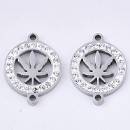 201 Stainless Steel Links connectors, with Polymer Clay Crystal Rhinestone, Flat Round with Hemp Leaf, Stainless Steel Color, 20x15x2.5mm, Hole: 1.6mm(STAS-N091-06P)