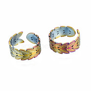 Leaf Cuff Rings, Hollow Wide Open Rings, Rainbow Color 304 Stainless Steel Rings for Women, US Size 8 1/2(18.5mm)(RJEW-N038-018)