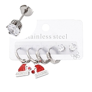 3 Pairs 3 Styles Christmas 304 Stainless Steel Hoop & Studs Earrings Set for Women, with Enamel & Cubic Zirconia, Stainless Steel Color, Santa Claus, 13~26x2~10mm, 1 pair/style(EJEW-K279-12A-P)