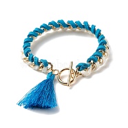 Polyester Tassel Charm Bracelet for Teen Girl Women, Faux Suede Cord Bracelet, 304 Stainless Steel Chain Bracelet, Golden, Dodger Blue, 7-1/4 inch(18.5cm)(X1-BJEW-TA00021-3)