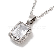 201 Stainless Steel Cable Chain Necklaces, Brass Clear Cubic Zirconia Rectangle Pendant Necklaces, Stainless Steel Color, 15.67 inch(39.8cm)(NJEW-L124-009P)