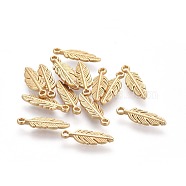 Tibetan Style Alloy Charms, Feather, Lead Free & Nickel Free & Cadmium Free, Real 18K Gold Plated, Matte Gold Color, 15x5x1.5mm, Hole: 1mm(X-TIBEP-S317-10MG-NR)
