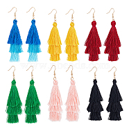 6 Pairs 6 Colors Cotton Triple Layer Tassel Dangle Earrings, Golden Iron Jewelry for Women, Mixed Color, 81~92mm, Pin: 0.5mm, 1 Pair/color(EJEW-AN0001-64)