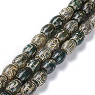 Tibetan Style dZi Beads Strands, Natural Agate Beads, Dyed & Heated, Oval, Cross Pattern, 13~14x9.5~10mm, Hole: 1.2mm, about 25pcs/strand, 13.39''(34cm)(TDZI-E005-01P)