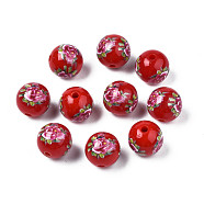 Opaque Printed Acrylic Beads, Round with Flower Pattern, Red, 9x9.5mm, Hole: 1.8mm(MACR-T043-02E-02)