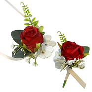 2Pcs 2 Style Silk Cloth Imitation Rose Corsage Boutonniere, with Silk Imitation Rose Wrist Corsages, for Wedding, Party Decorations, FireBrick, 115~765x10~130mm, 1pc/style(AJEW-CP0001-61C)