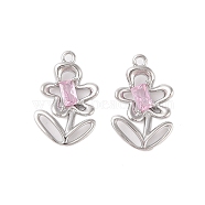 Brass Glass Pendants, Flower Charm, Platinum, Lavender Blush, 19x12x2.5mm, Hole: 1.2mm(KK-N254-50B-P)