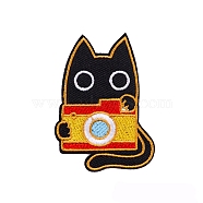 Cat & Camera Cartoon Appliques, Embroidery Iron on Cloth Patches, Sewing Craft Decoration, Gold, 44x62mm(PW-WG86841-02)