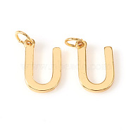 Brass Charms, with Jump Rings, Letter, Real 18K Gold Plated, Letter.U, U: 9.5x6.5x1mm, Hole: 2.5mm(KK-I672-01U-G)