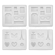 4Pcs 2 Style Pendant Silicone Molds, Resin Casting Molds, For UV Resin, Epoxy Resin Jewelry Making, Rectangle with Heart & Flower & Butterfly & Tower & Bottle & Rectangle & Square & Glasses Shapes, White, 78~80x88~90x8~11mm, 2pcs/style(X1-DIY-LS0003-26)