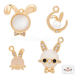 8Pcs 4 Style Rabbit Shape Brass Micro Pave Cubic Zirconia Pendants, with Enamel and Resin Imitation Cat Eye, with Glass and Natural Pearl Beads, Real 18K Gold Plated, 11~16x7.5~15x5~8mm, Hole: 0.9~1.5mm, 2pcs/style(KK-BBC0003-99)