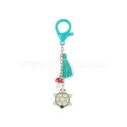 Tortoise Handmade Loom Pattern Seed Beads Pendant Decorations, with Lampwork Mushroom and Tassel Charms, Lobster Claw Clasp, Colorful, 116mm(HJEW-MZ00012)