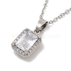 201 Stainless Steel Cable Chain Necklaces, Brass Clear Cubic Zirconia Rectangle Pendant Necklaces, Stainless Steel Color, 15.67 inch(39.8cm)(NJEW-L124-009P)