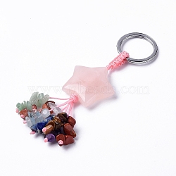 Rose Quartz Star with Mixed Gemstone Chips Beaded Tassel Keychains, with 304 Stainless Steel Ring Clasps, 9.5~10cm(KEYC-P012-01P-08)