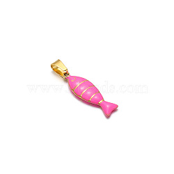 Stainless Steel Pendants, with Enamel, Golden, Fish Charm, Hot Pink, 22x7mm(PW-WG28218-05)