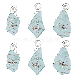 Glass Big Pendants, with Zinc Alloy Finding and Copper Wire Wrapped, Nugget with Dragonfly Charms, Medium Aquamarine, 57~65x28~48x4.5~7mm, Hole: 3~4mm(PALLOY-PH01618)