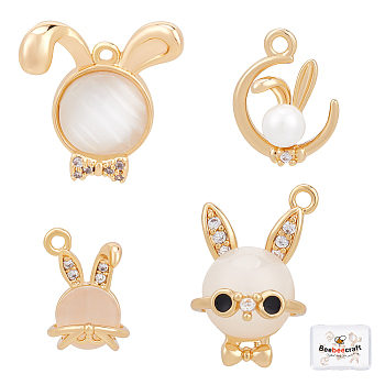 8Pcs 4 Style Rabbit Shape Brass Micro Pave Cubic Zirconia Pendants, with Enamel and Resin Imitation Cat Eye, with Glass and Natural Pearl Beads, Real 18K Gold Plated, 11~16x7.5~15x5~8mm, Hole: 0.9~1.5mm, 2pcs/style