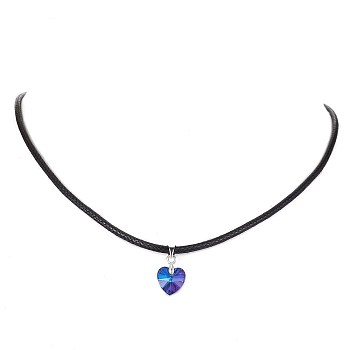 Glass Heart Pendant Necklaces, with Imitation Leather Cord, Metallic Blue, 17.64 inch(44.8cm)