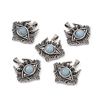 Halloween Natural Aquamarine Pendants, Eye with Skull Charms, with Antique Silver Plated Brass Findings, 26x27x8.5mm, Hole: 3.5x5mm