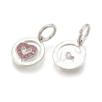 Alloy Charms, with Rhinestone, Flat Round with Heart, Platinum, Light Rose, 15x12.5x2mm