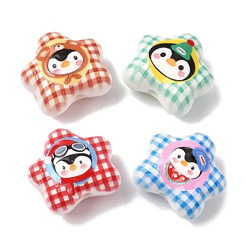 Printed Opaque Acrylic Beads, Tartan Star with Penguin, Mixed Color, 18.5x20x11mm, Hole: 2mm