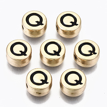 Alloy Enamel Beads, Cadmium Free & Lead Free, Flat Round with Initial Letters, Light Gold, Black, Letter.Q, 8x4mm, Hole: 1.5mm