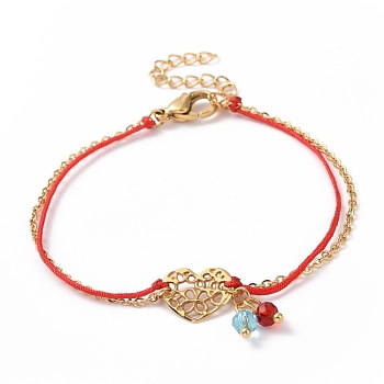 Gold Plated 304 Stainless Steel Heart Link Bracelet with Glass Beads Charms for Women, Red, 6-5/8 inch(16.7cm)