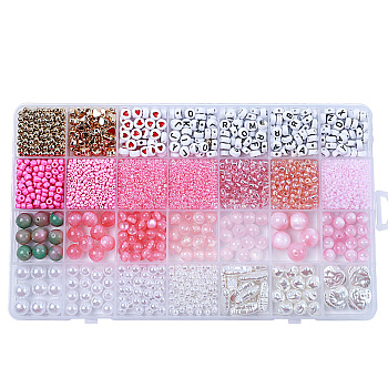 DIY 28 Style Resin & Acrylic & ABS Beads Jewelry Making Finding Kit, Flat Round & Rice & Barrel & Nugget & Heart & Strip, Pearl Pink, 5.5~18.5x7~14x2~12x1.5~11mm, Hole: 0.7~2mm