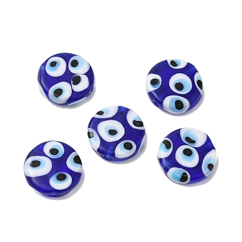 Handmade Lampwork Beads, Flat Round with Evil Eye, Blue, 17.5~18x5.5~5.7mm, Hole: 1.4~1.7mm