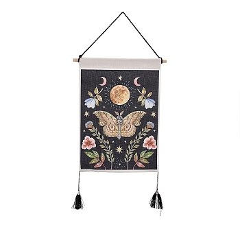 Bohemia Style Cloth Wall Hanging Tapestry, Vertical Tapestry, with Wood Rod & Iron Traceless Nail & Cord, for Home Decoration, Rectangle, Flower Pattern, 850mm